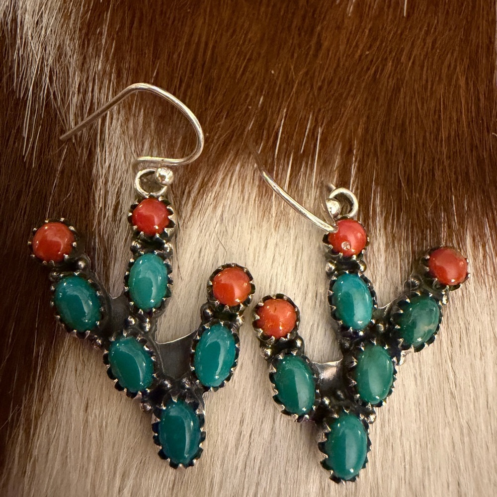 ❤️Kingman Turquoise Italian Coral Prickly Pear Cactus 925 Dangle Earrings 1.70”L - Picture 8 of 14